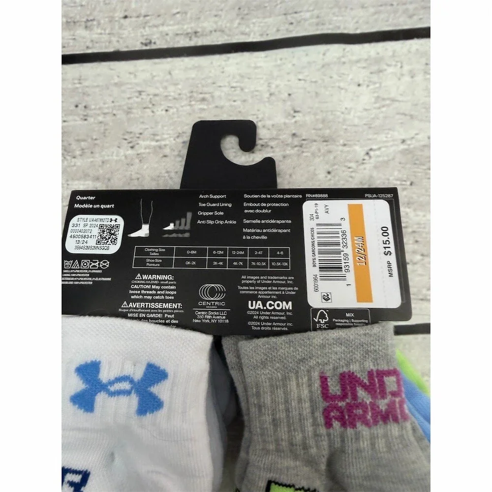 Under Armour Boys Socks 18-24M Multicolor 6-Pair Pack Quarter Athletic NEW